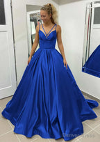 Ball Gowns Sleeveless Scalloped Neck Sweep Train Satin Prom Dresses With Pleated Pockets