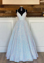 Ball Gowns Sleeveless V Neck Long Floor Length Sequined Sparkling Prom Dresses With Pleated