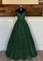 Ball Gowns Sleeveless V Neck Long Floor Length Sequined Sparkling Prom Dresses With Pleated