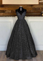 Ball Gowns Sleeveless V Neck Long Floor Length Sequined Sparkling Prom Dresses With Pleated
