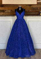 Ball Gowns Sleeveless V Neck Long Floor Length Sequined Sparkling Prom Dresses With Pleated