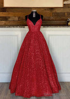 Ball Gowns Sleeveless V Neck Long Floor Length Sequined Sparkling Prom Dresses With Pleated