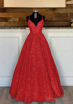 Ball Gowns Sleeveless V Neck Long Floor Length Sequined Sparkling Prom Dresses With Pleated