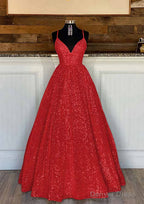 Ball Gowns Sleeveless V Neck Long Floor Length Sequined Sparkling Prom Dresses With Pleated