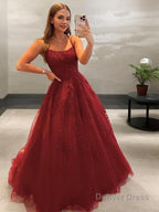 Ball Gowns Spaghetti Straps Sweep Train Tulle Prom Dresses With Appliques Lace