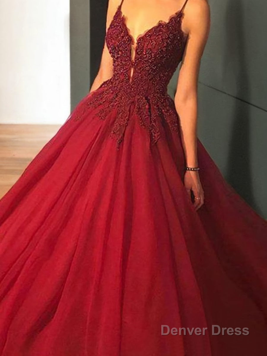 Ball Gowns Spaghetti Straps Sweep Train Tulle Prom Dresses With Appliques Lace Secondary image