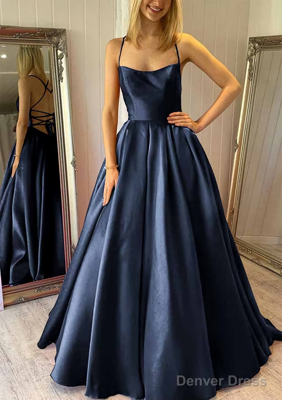Ball Gown Square Neckline Sleeveless Satin Sweep Train Prom Dresses With Pleated Pockets Secondary image