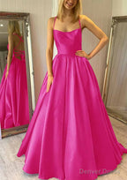 Ball Gowns Square Neckline Sleeveless Satin Sweep Train Prom Dresses With Pleated Pockets