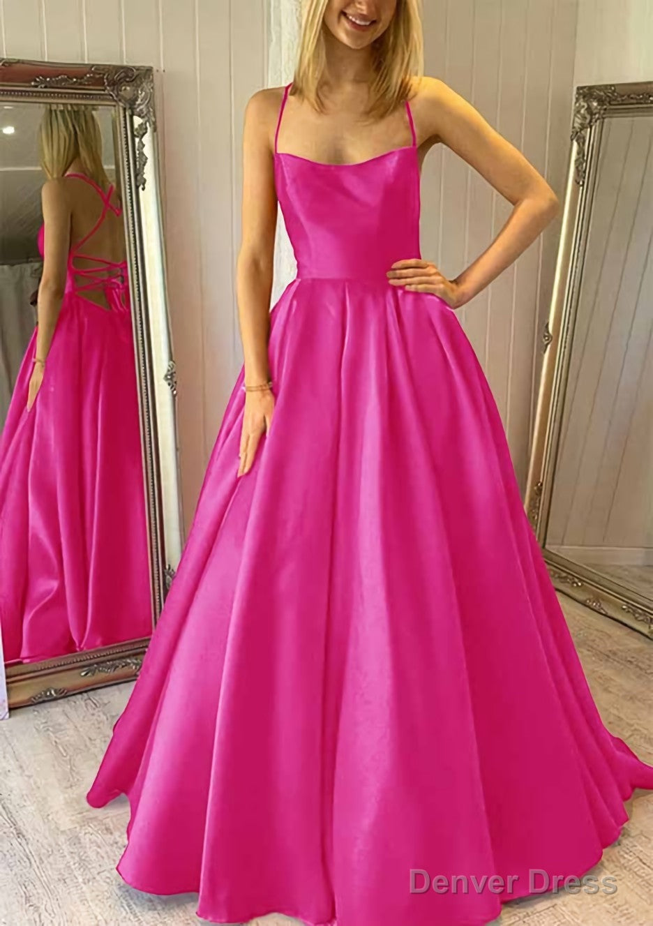 Ball Gowns Square Neckline Sleeveless Satin Sweep Train Prom Dresses With Pleated Pockets