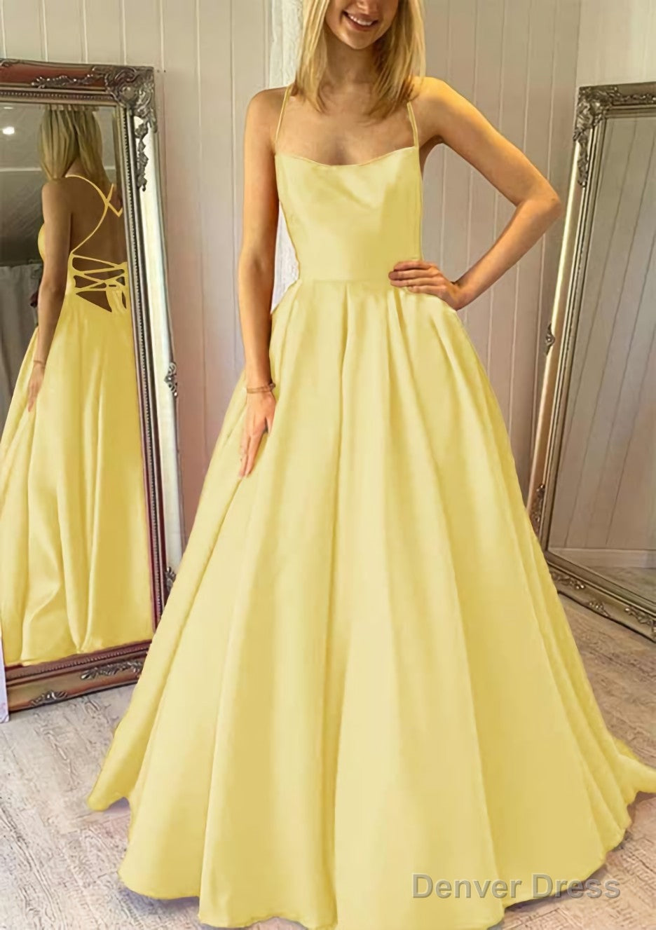 Ball Gowns Square Neckline Sleeveless Satin Sweep Train Prom Dresses With Pleated Pockets