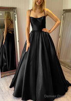 Ball Gowns Square Neckline Sleeveless Satin Sweep Train Prom Dresses With Pleated Pockets