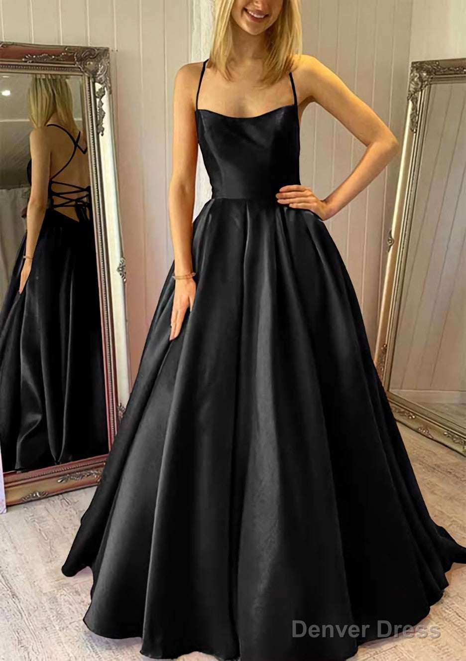 Ball Gowns Square Neckline Sleeveless Satin Sweep Train Prom Dresses With Pleated Pockets