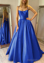 Ball Gown Square Neckline Sleeveless Satin Sweep Train Prom Dresses With Pleated Pockets