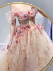 Ball Gown Strapless Champagne Floral Prom Dress Long Party Dresses