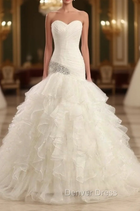 Ball-Gown Strapless Chapel  Wedding Dresses White Organza