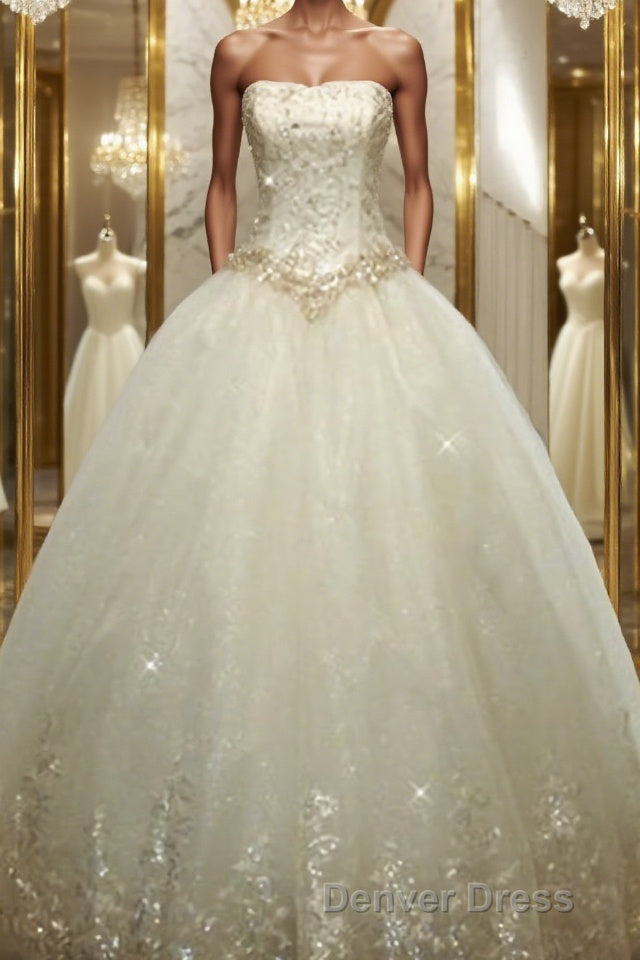 Ball Gown Strapless Floor-Length Tulle Wedding Dresses With Rhinestone Main image