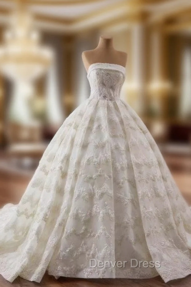 Ball Gowns Strapless Lace Pearls Wedding Dresses