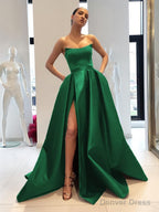 Ball Gowns Strapless Sweep Train Satin Prom Dresses With Leg Slit