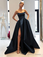 Ball Gowns Strapless Sweep Train Satin Prom Dresses With Leg Slit