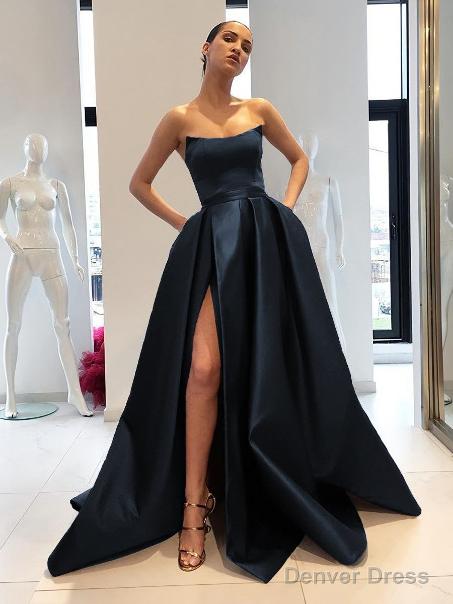 Ball Gowns Strapless Sweep Train Satin Prom Dresses With Leg Slit