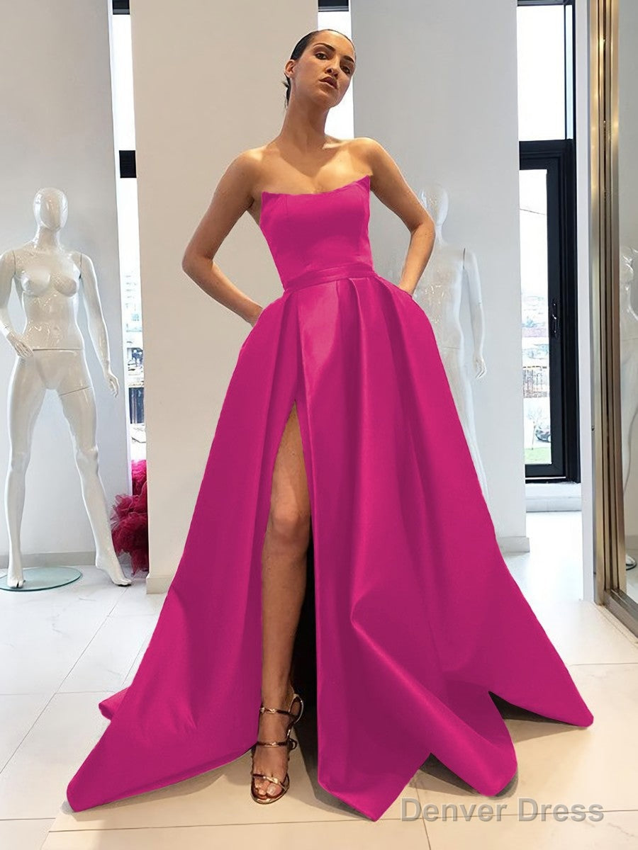 Ball Gowns Strapless Sweep Train Satin Prom Dresses With Leg Slit