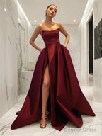 Ball Gowns Strapless Sweep Train Satin Prom Dresses With Leg Slit