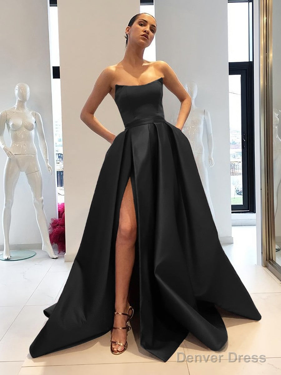 Ball Gowns Strapless Sweep Train Satin Prom Dresses With Leg Slit