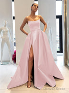 Ball Gowns Strapless Sweep Train Satin Prom Dresses With Leg Slit