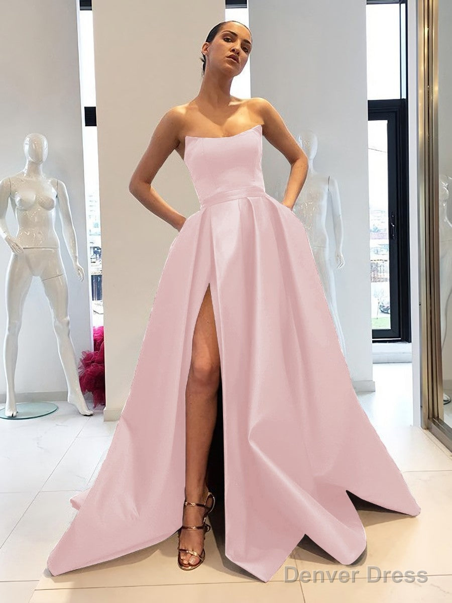 Ball Gowns Strapless Sweep Train Satin Prom Dresses With Leg Slit