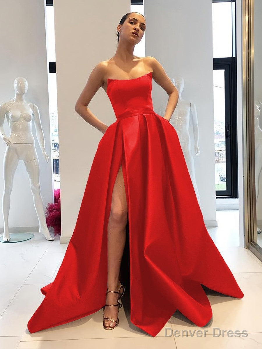 Ball Gowns Strapless Sweep Train Satin Prom Dresses With Leg Slit