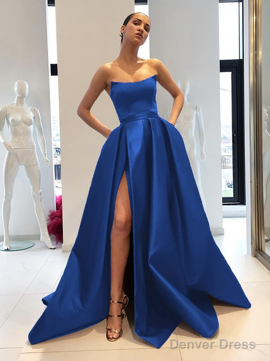 Ball Gowns Strapless Sweep Train Satin Prom Dresses With Leg Slit