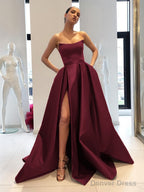 Ball Gowns Strapless Sweep Train Satin Prom Dresses With Leg Slit