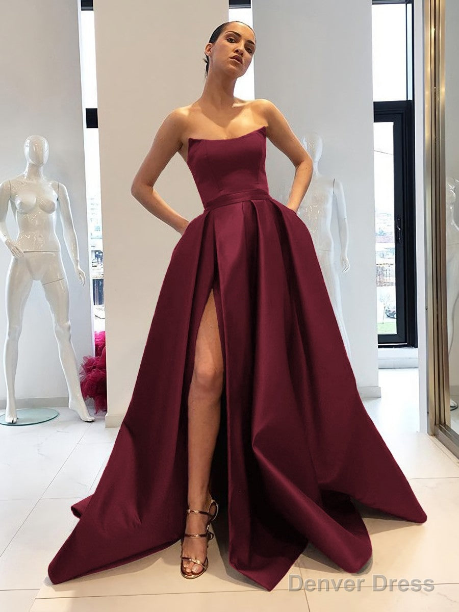 Ball Gowns Strapless Sweep Train Satin Prom Dresses With Leg Slit