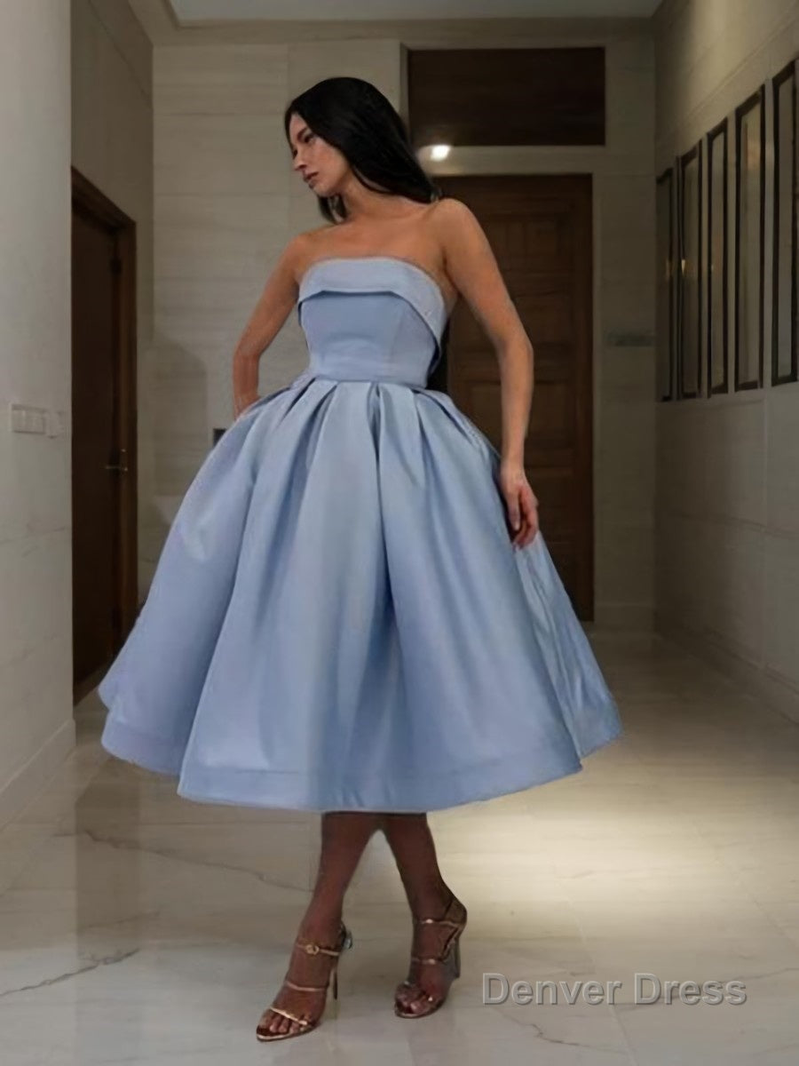 Ball Gowns Strapless Tea Length Satin Homecoming Dresses With Ruffles