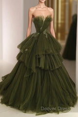 Ball Gown Strapless Tulle Long Green Prom Dresses Evening Dresses