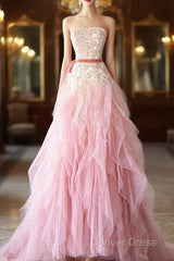 Ball Gown Strapless Tulle Long Pink Prom Dresses Evening Dresses