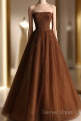 Ball Gown Strapless Tulle Long Prom Dresses Evening Dresses