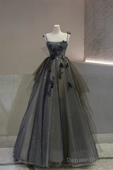 Ball Gown Straps Gray Tulle Long Prom Dress Evening Dresses
