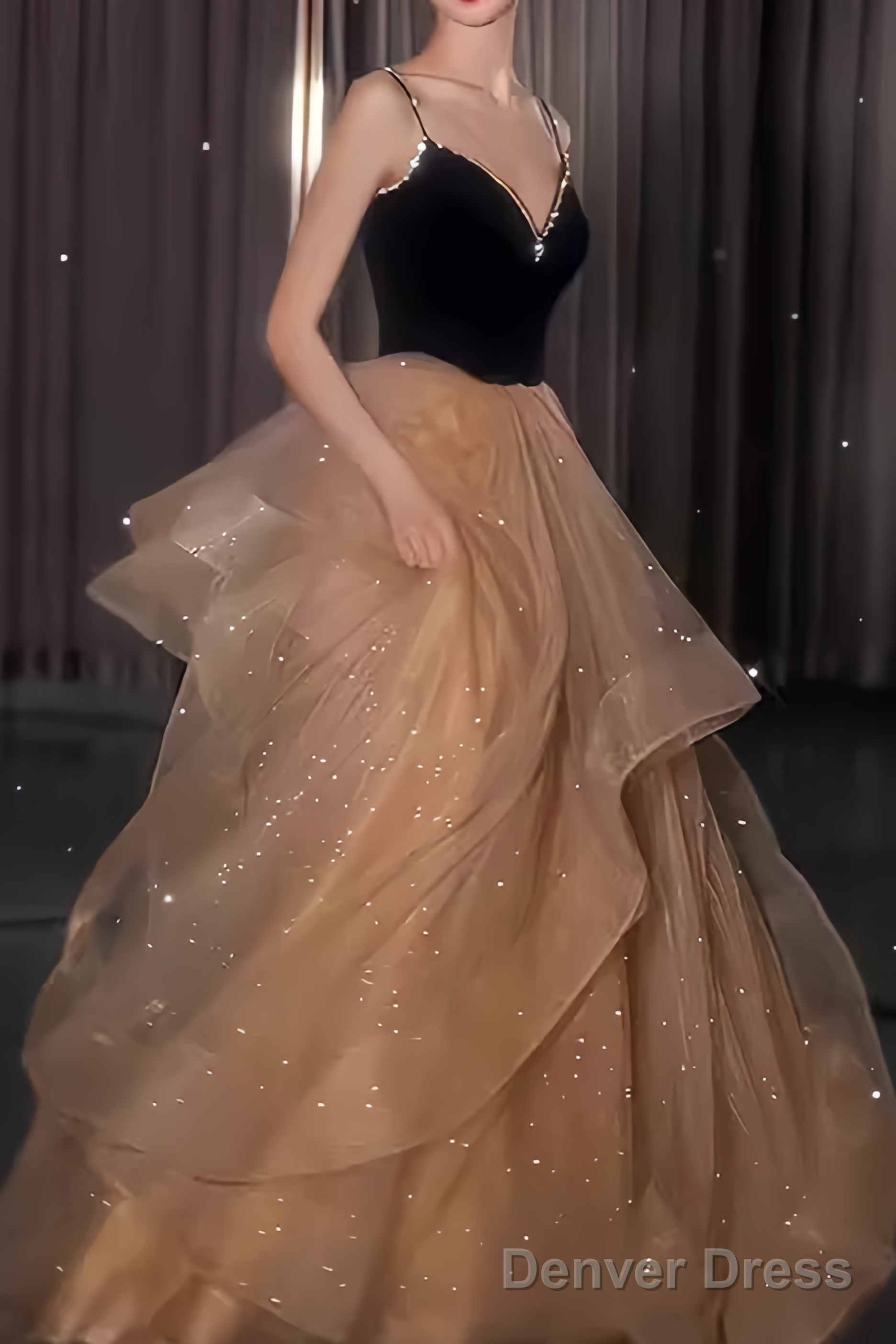 Ball Gown Straps Tulle Champagne Party Dress Long Prom Dress Main image