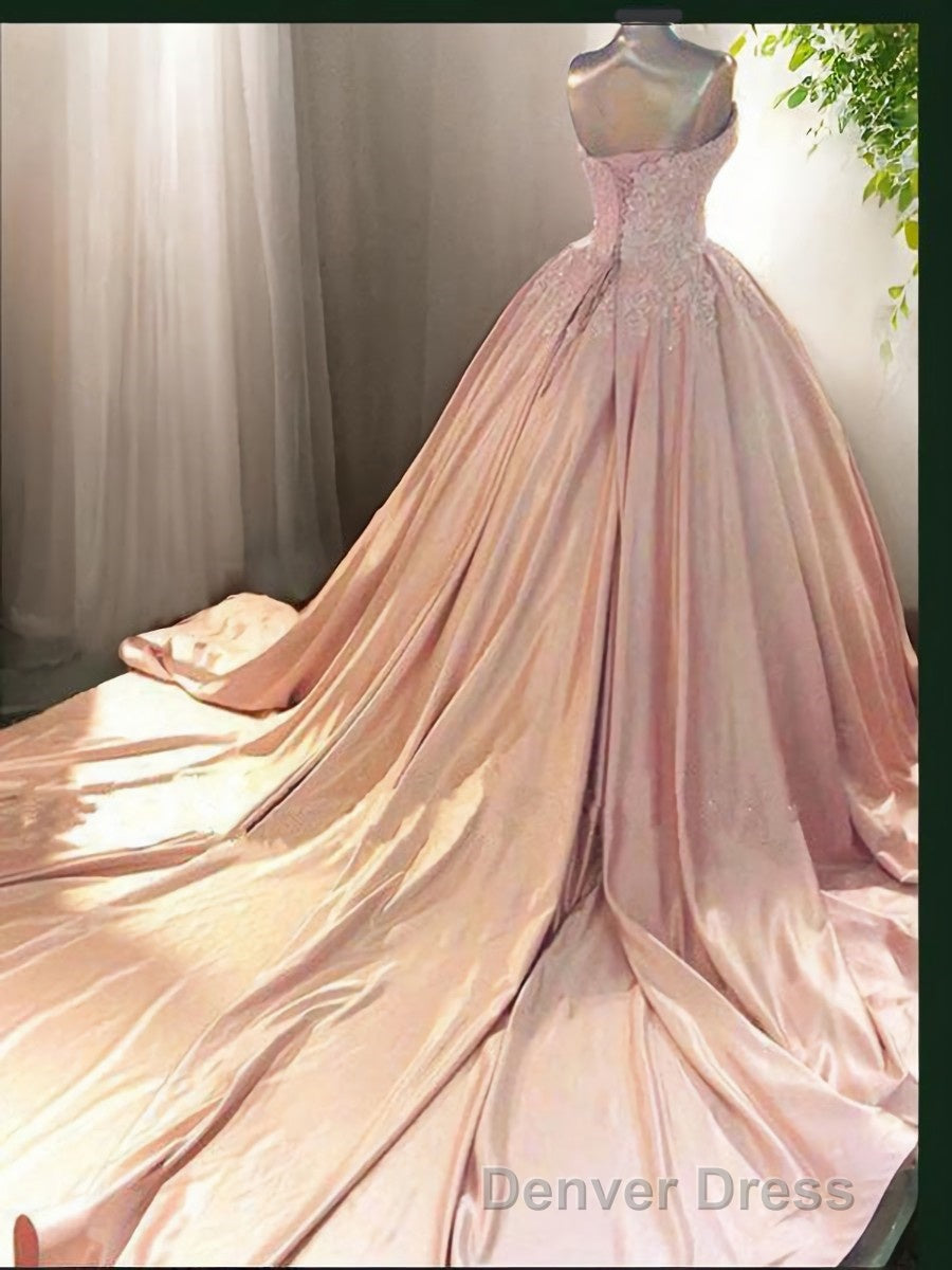 Ball Gowns Sweetheart Court Train Satin Prom Dresses With Appliques Lace Secondary image