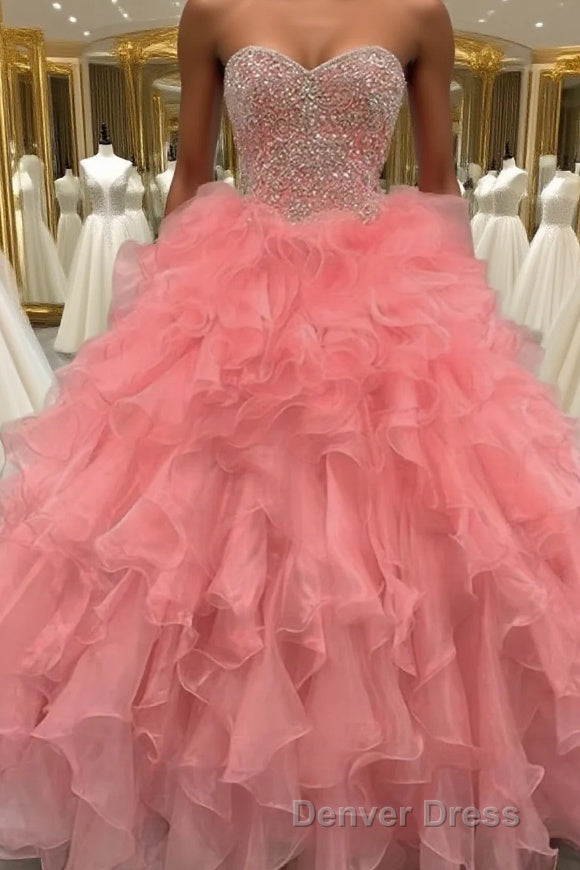 Ball Gowns Sweetheart Floor Length Organza Prom Dresses With Beading