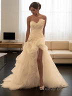 Ball Gowns Sweetheart Sweep Train Organza Wedding Dresses With Leg Slit