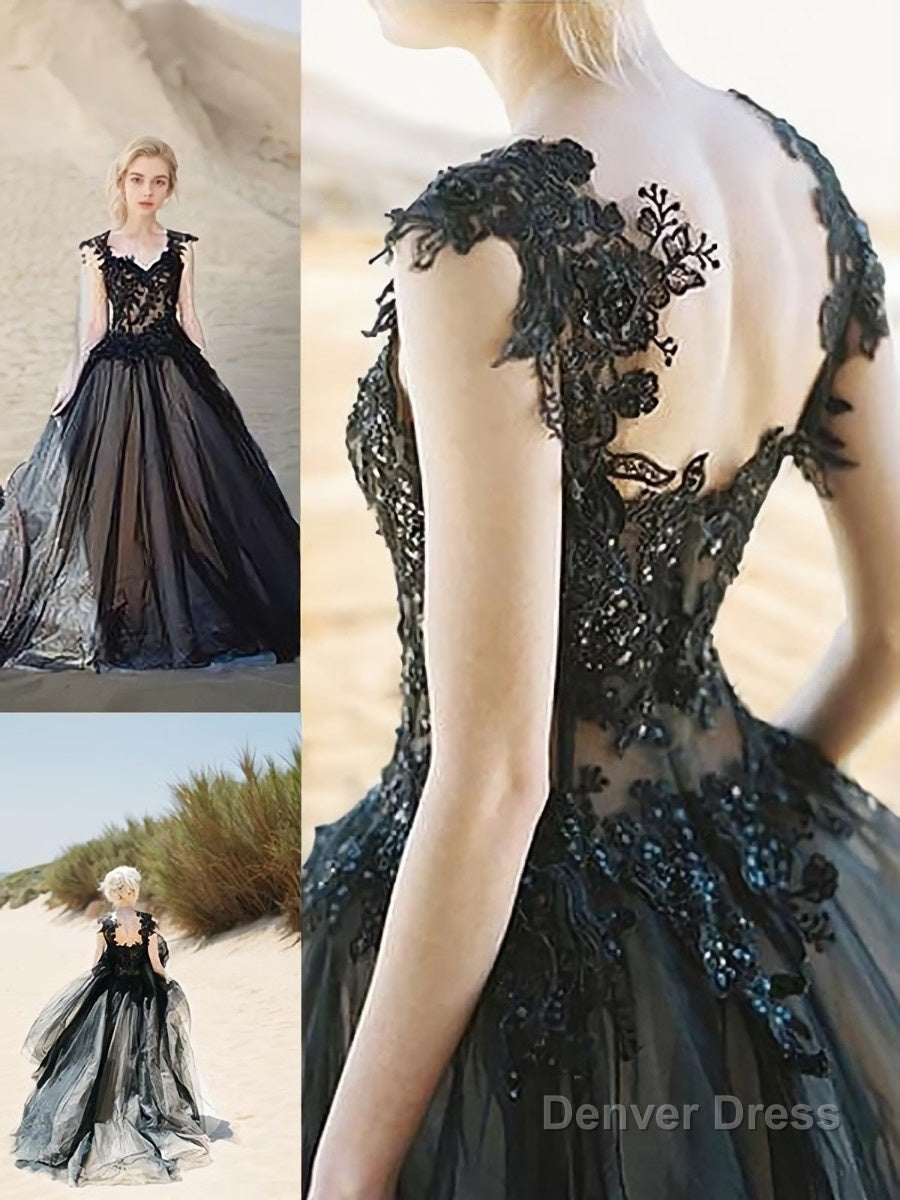 Ball Gowns Sweetheart Sweep Train Tulle Prom Dresses With Appliques Lace Main image