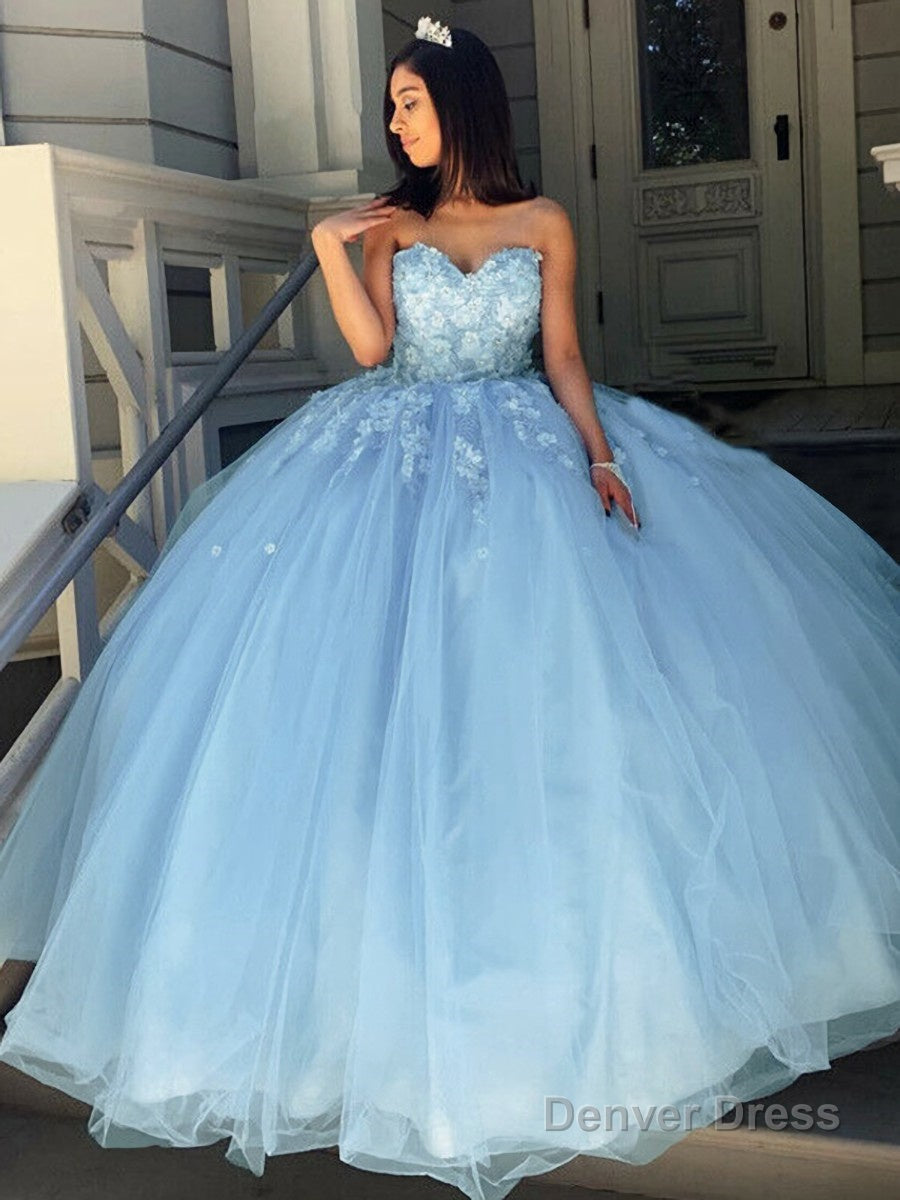 Ball Gowns Sweetheart Sweep Train Tulle Prom Dresses With Appliques Lace