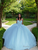 Ball Gowns Sweetheart Sweep Train Tulle Prom Dresses With Appliques Lace