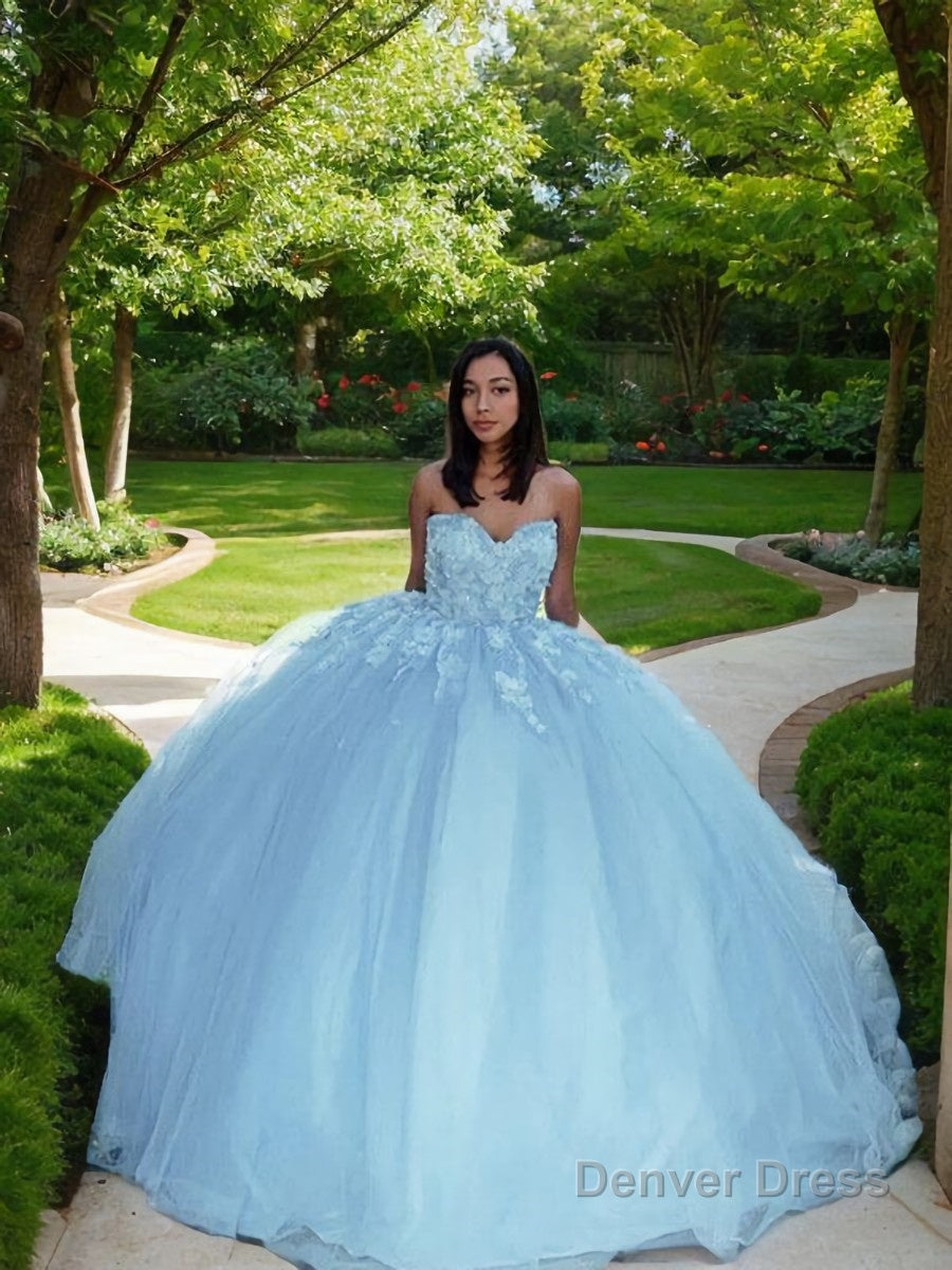 Ball Gowns Sweetheart Sweep Train Tulle Prom Dresses With Appliques Lace