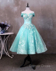 Ball Gown Tea Length Off The Shoulder Embroidery Dresses