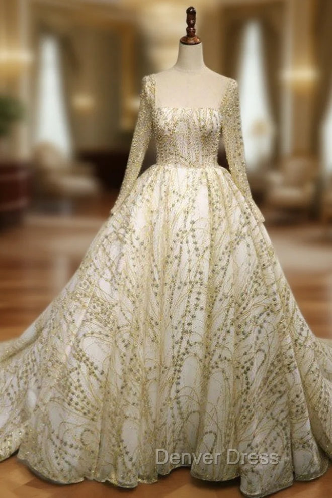 Ball Gown Tulle Gold Sequins Lace Long Sleeve Backless Wedding Dresses With Long Train Main image