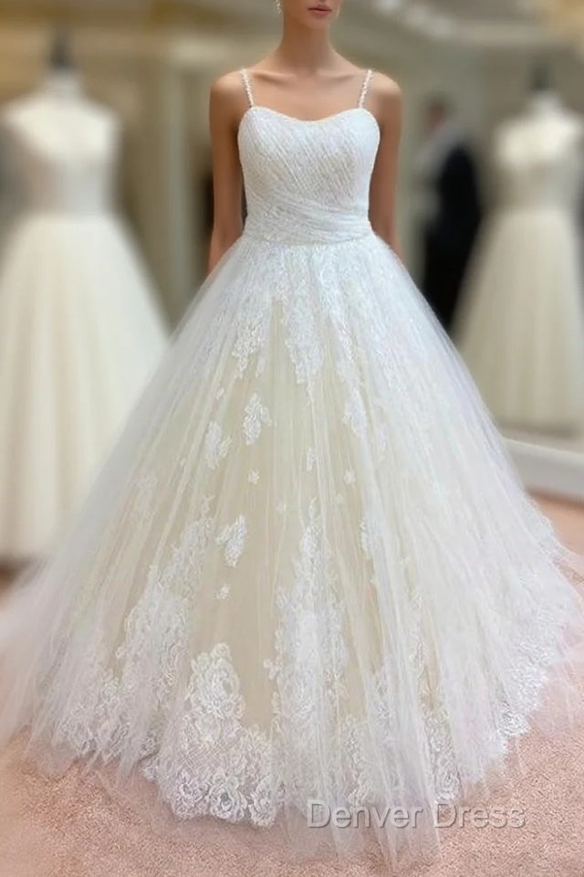 Ball Gown Tulle Lace Spaghetti Straps Appliqued Wedding Dresses