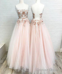 Ball Gown Tulle Long Prom Dresses With Appliques And Beading